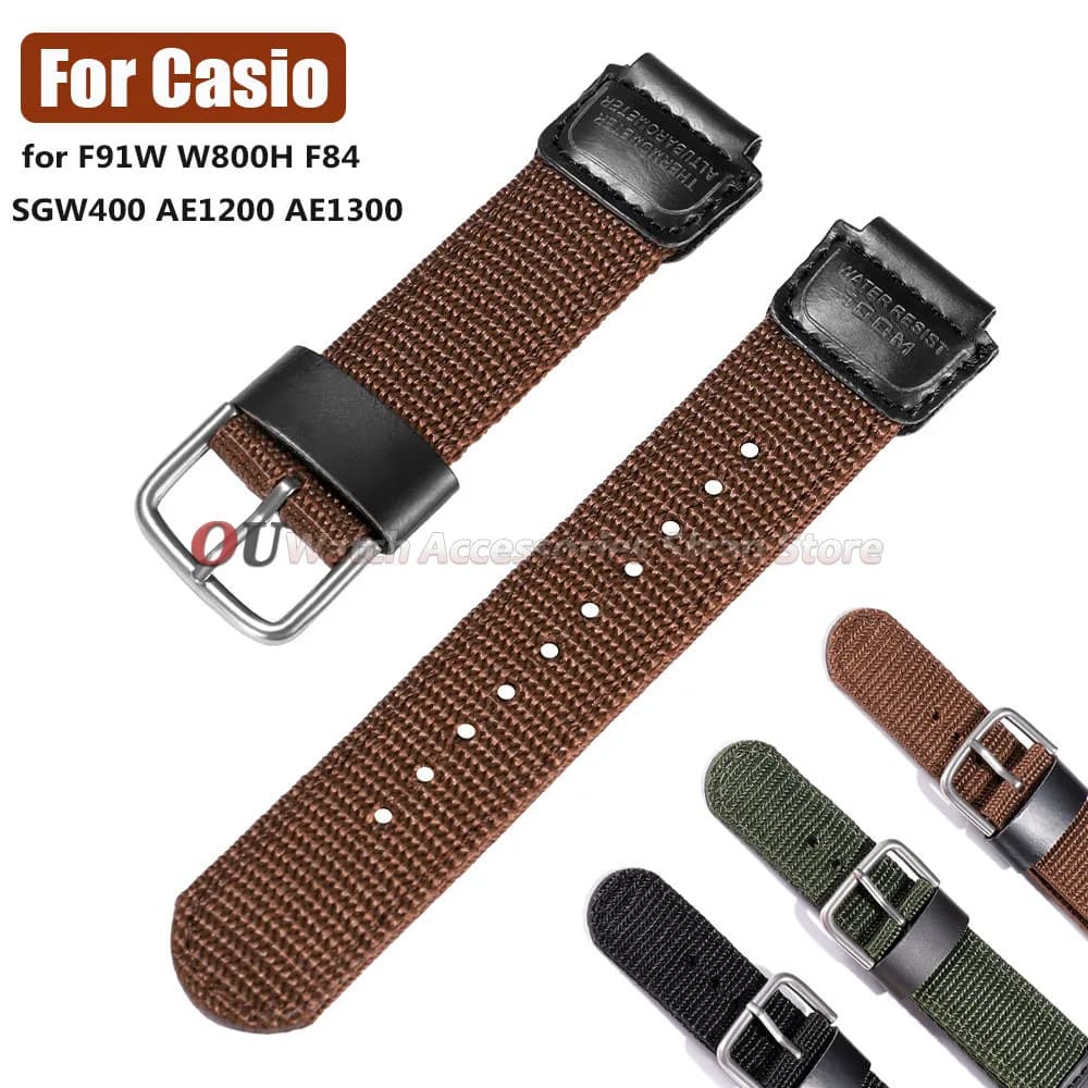 Cinturino in Nylon e Pelle di Vacchetta da 18mm per Orologi Casio F-91W W-800H SGW400 F91W F84 F105/108/A158/168 AE1200/1300, Bracciale per Uomo e Donna