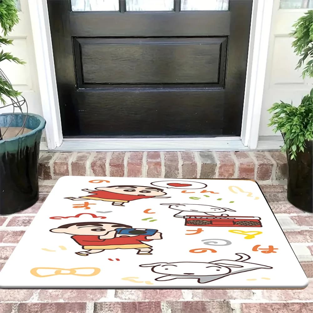Tappeto Antiscivolo con Stampa Scena Quotidiana di Crayon Shin-chan, Shinnosuke e Shiro, Decorativo per Ingresso con Personaggi Anime, Fotocamera e Radio