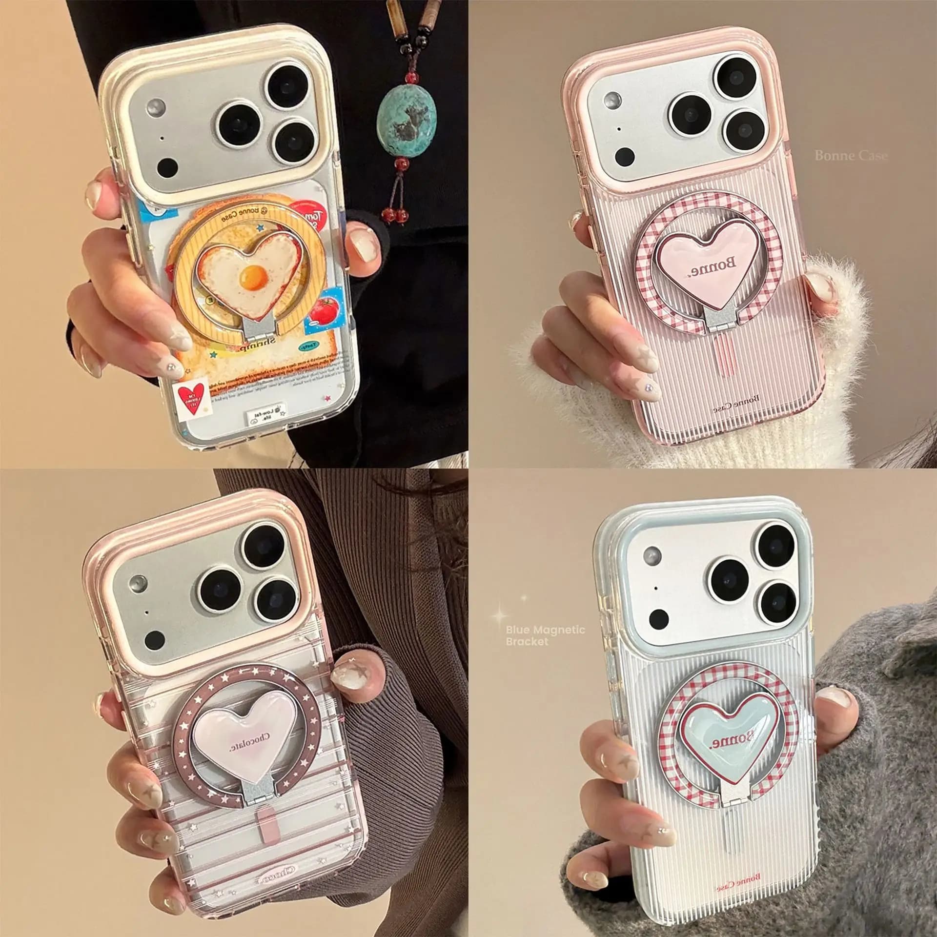 Custodia per telefono con staffa a forma di cuore con piega magnetica coreana per iPhone 17 16 15 14 13 12 Pro Max Cover morbida protettiva antiurto trasparente