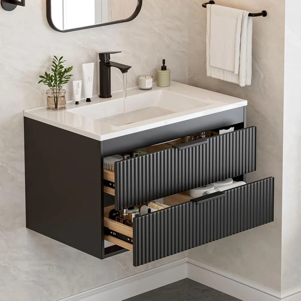 Mobile da bagno moderno in MDF da 30 pollici con lavabo, mobili galleggianti a parete con doppi cassetti, maniglie nere, lavabo in resina bianca