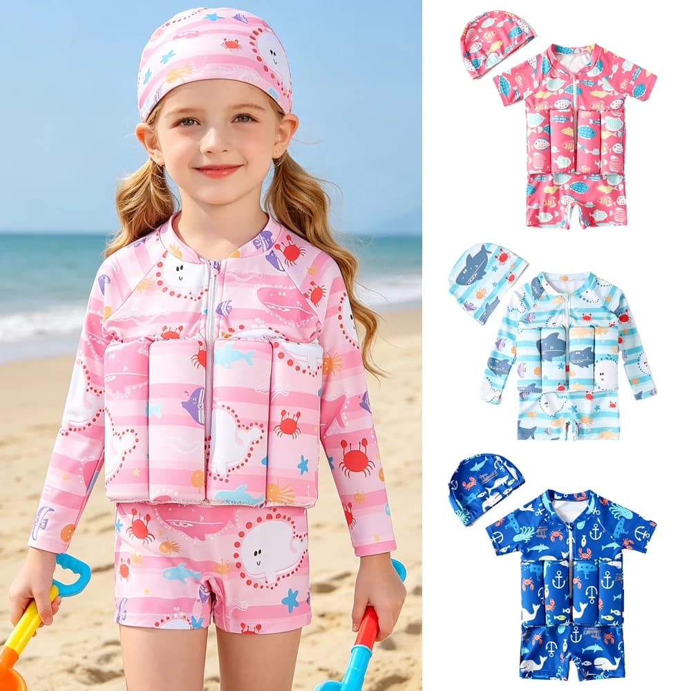 Children's Buoyancy Swimsuit One-piece Swimsuit for Kids Floating Rash Guards Cartoon Print Girls Boys Swimwear Swimming Clothes