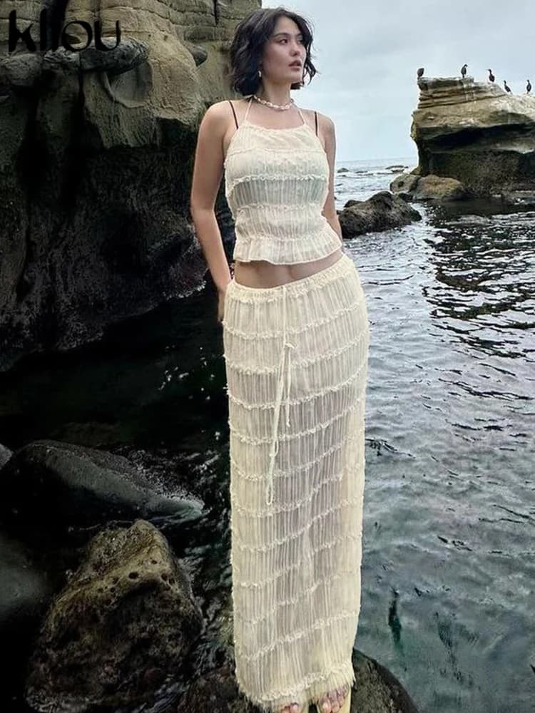 kliou Maglia Shirring Donna 2 pezzi Set Solid Unico Halter Backless Serbatoi + Maxi gonne abbinate Abiti da spiaggia per le vacanze femminili Nuovo