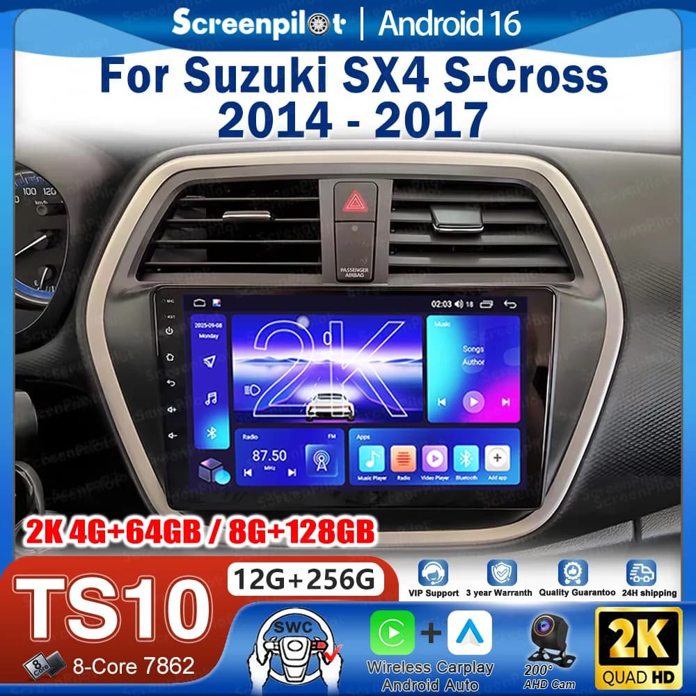 Android 16 Car Radio Stereo Head Unit For Suzuki SX4 S-Cross 2014-2017 Multimedia Video Player GPS Navigation QLED Touch Screen