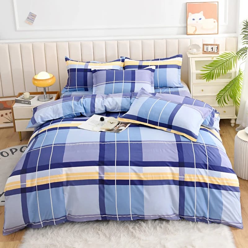 Set di biancheria da letto a quadri blu e gialli da 4 pezzi, biancheria da letto morbida e traspirante con copripiumino, federe e lenzuolo, misura Full/Queen/King
