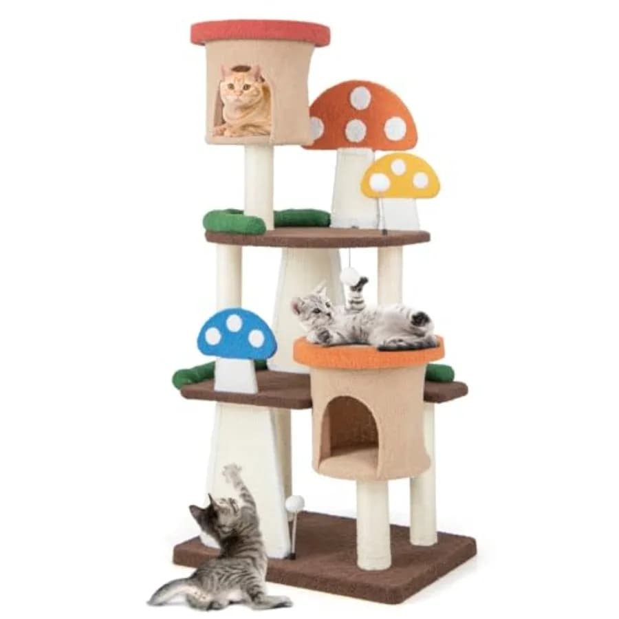 Torre per Gatti a Forma di Fungo, Multi-Livello, con Pali in Sisal Completamente Rivestiti, Tiragraffi, Palline Interattive e 2 Cuccette per Gatti