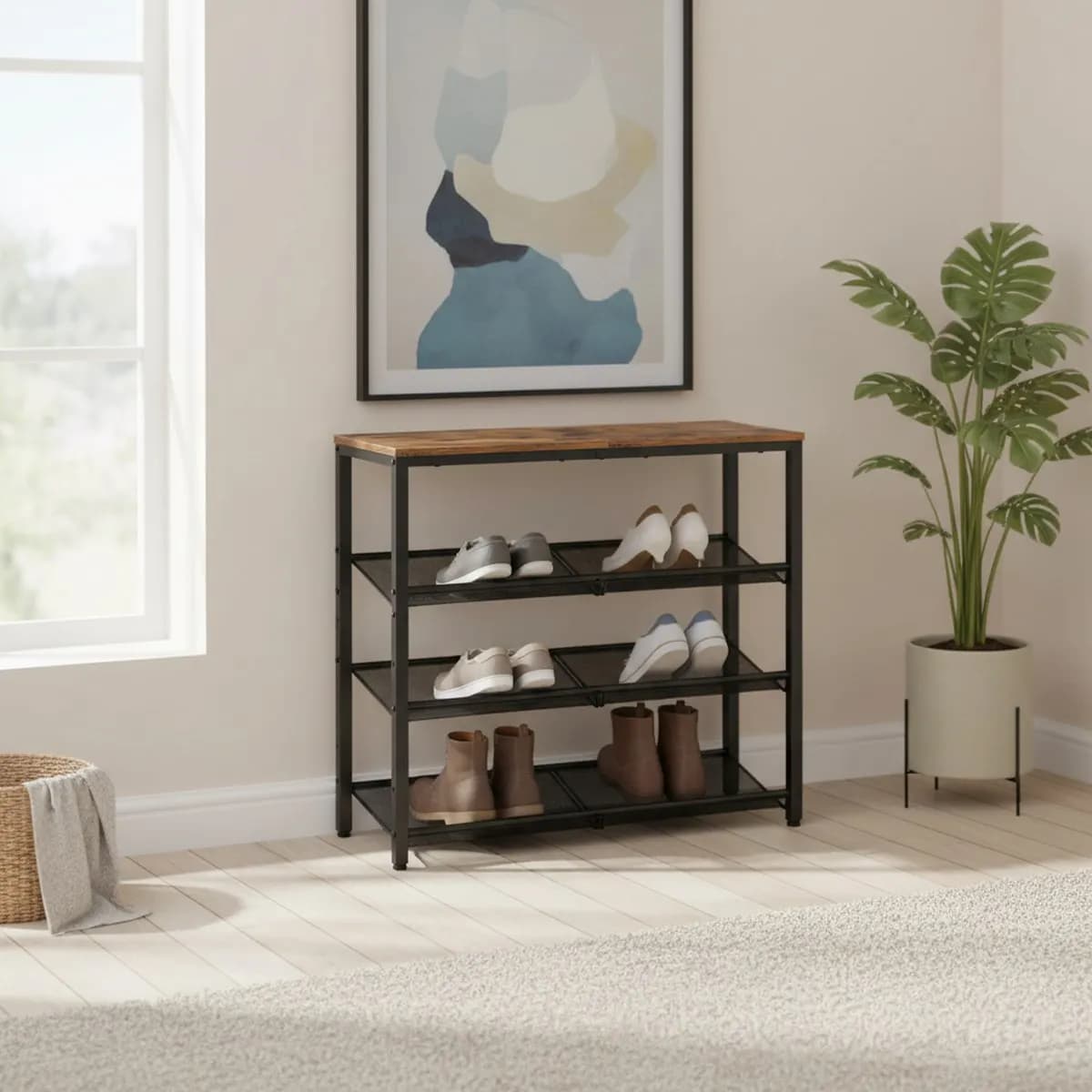 5 Tier Rustic Brown Shoe Rack Organizer Wood Metal Entryway Storage Shelf