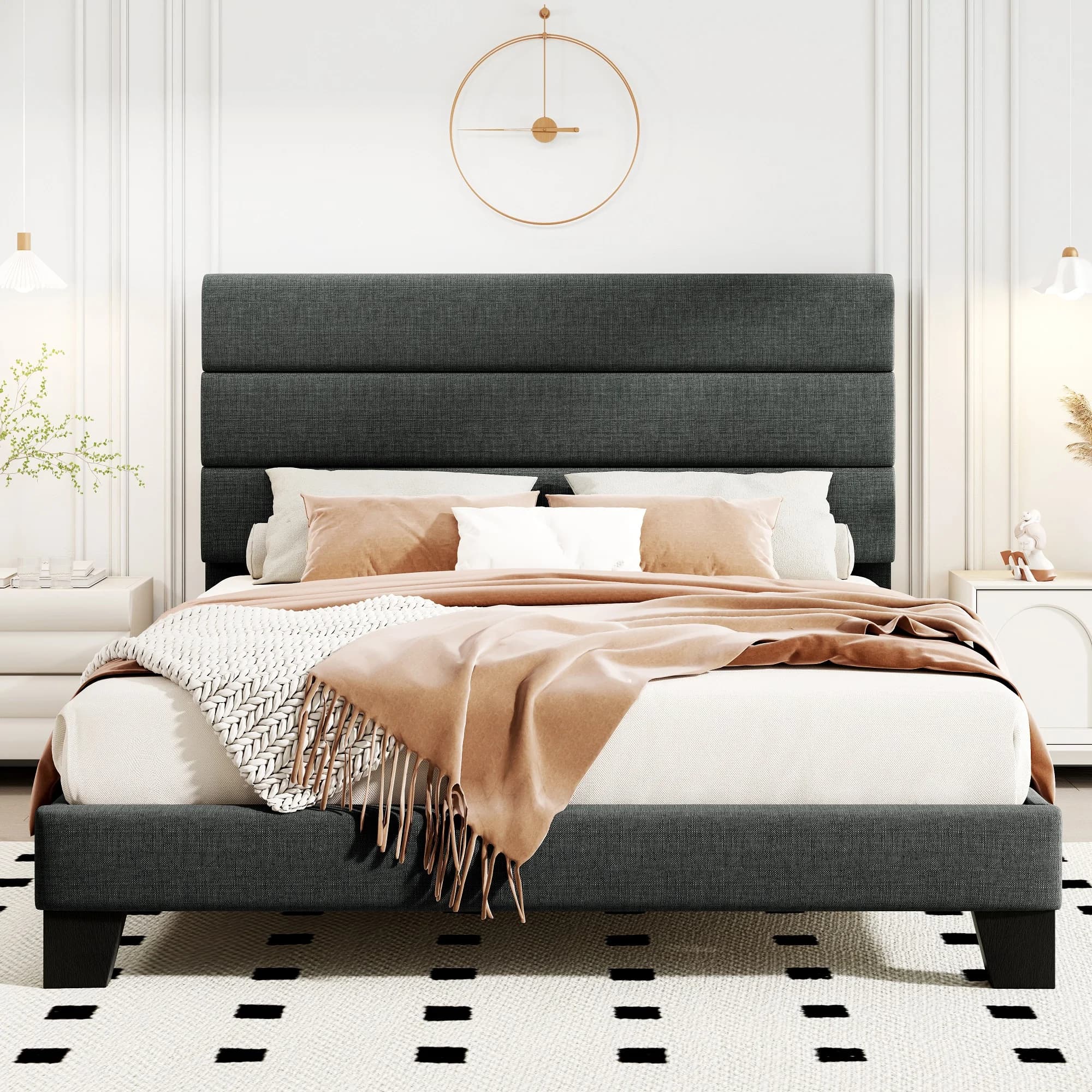 HOOMIC Struttura letto con testiera, letto con piattaforma in tessuto, robuste doghe in legno, pannello di supporto, materasso, fondotinta Allewie