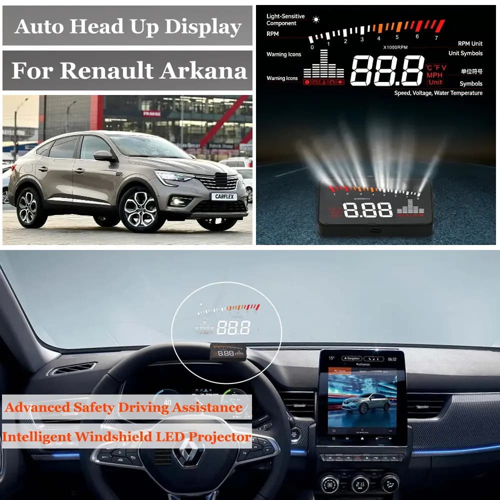 Car Head Up Display For Renault Fluence L30 Arkana LJC B9A 2010-2026 AUTO HUD Windshield Projector Speedometer Odometer RPM
