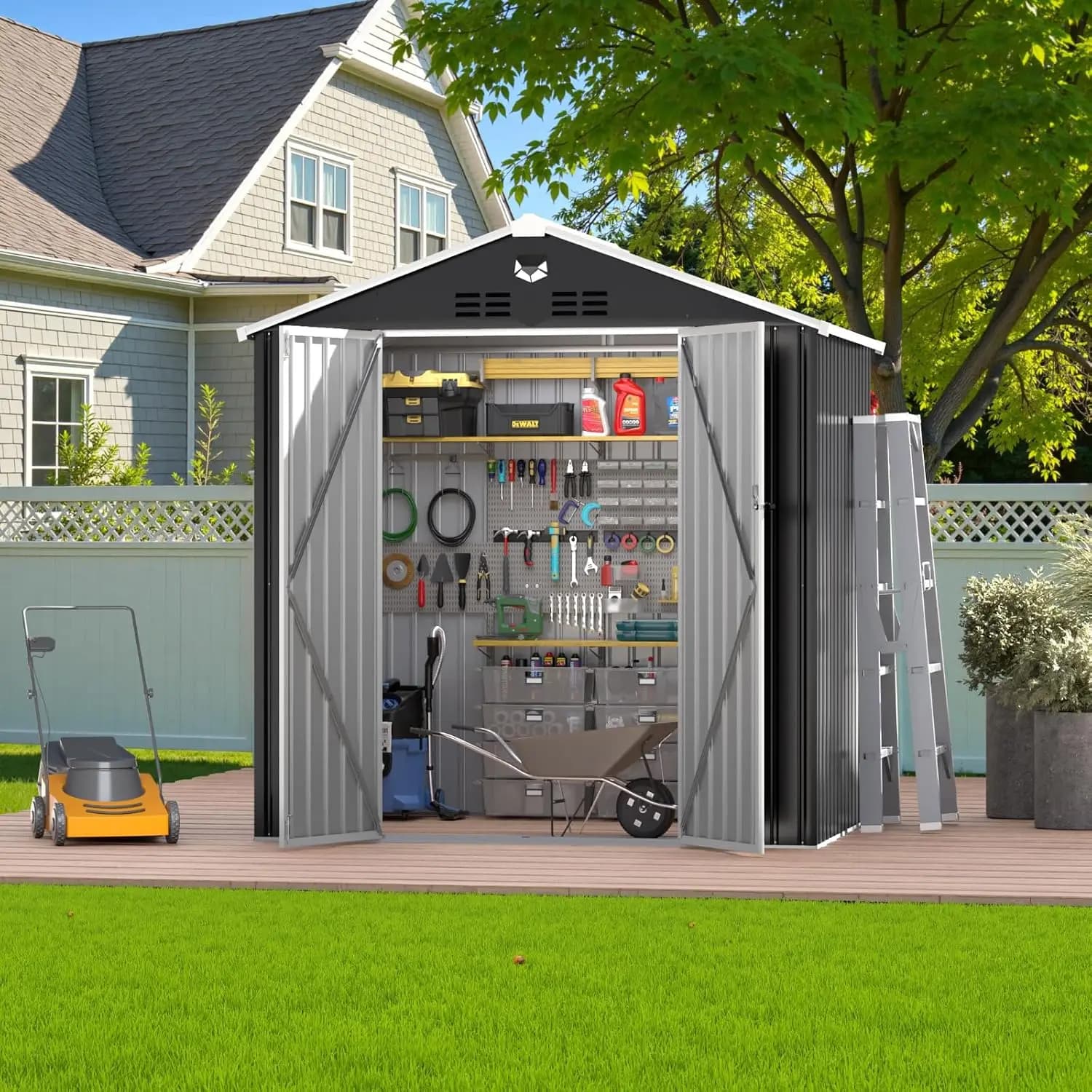 8x6 FT Outdoor Storage Shed Metal Garden Backyard Patio Bike Lawn Equipment Lockable Doors 3Beam Roof 4 Vents Free Work Light So