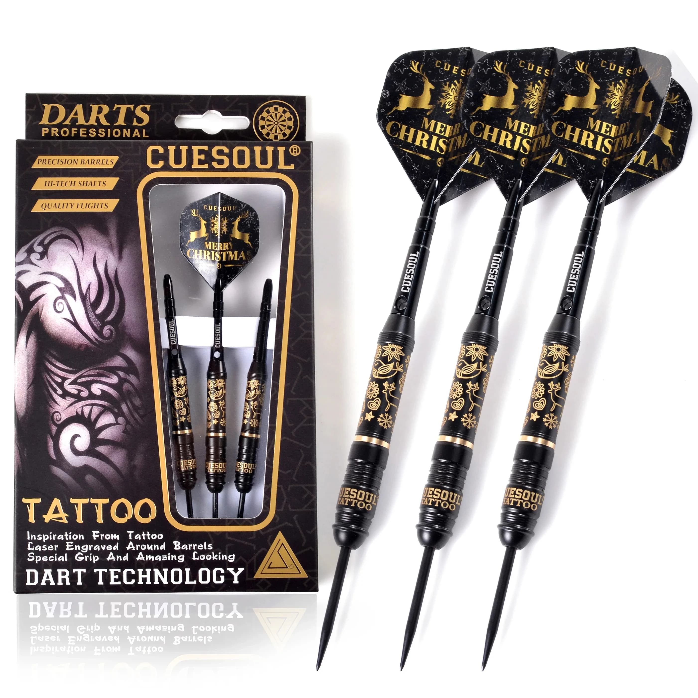 CUESOUL TATTOO Series 23g Freccette con punta in ottone rivestito nero, con motivo unico inciso