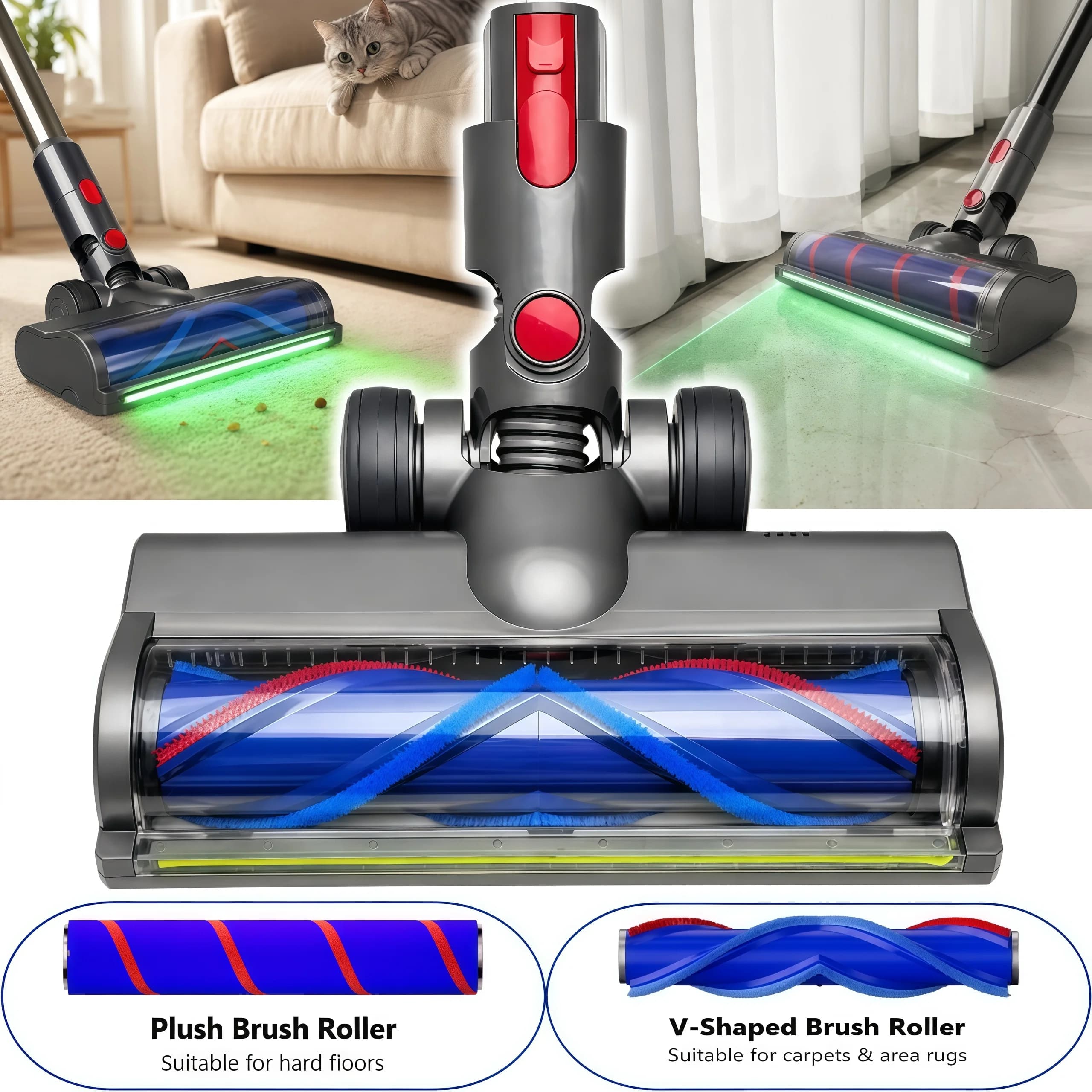 Replacement LED green vacuum head for Dyson V7, V8, V10, V11, and V15 cordless vacuum cleaners, including quick-release head