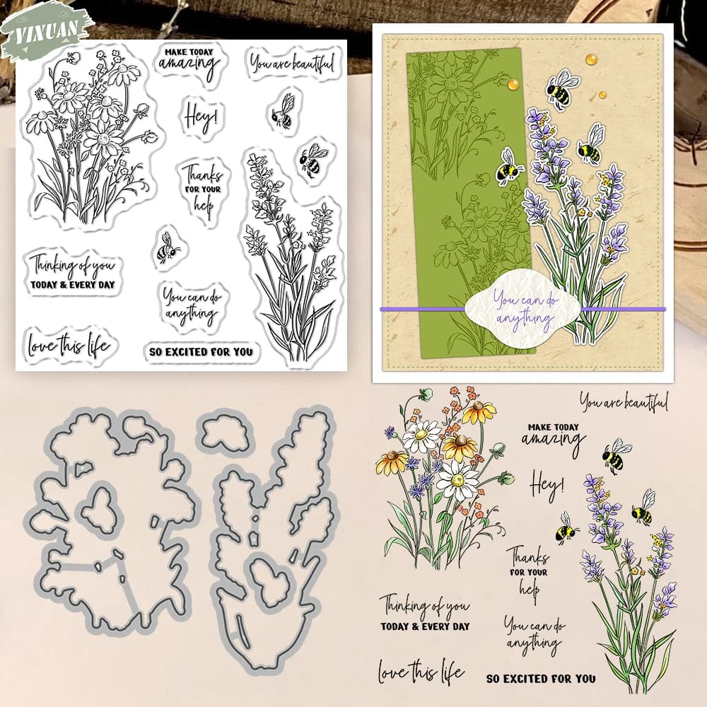 Spring Flowers And Bees Cutting Dies Clear Stamp Set DIY Scrapbooking Metal Dies Silicone Stamp For Card Making Albums Decor