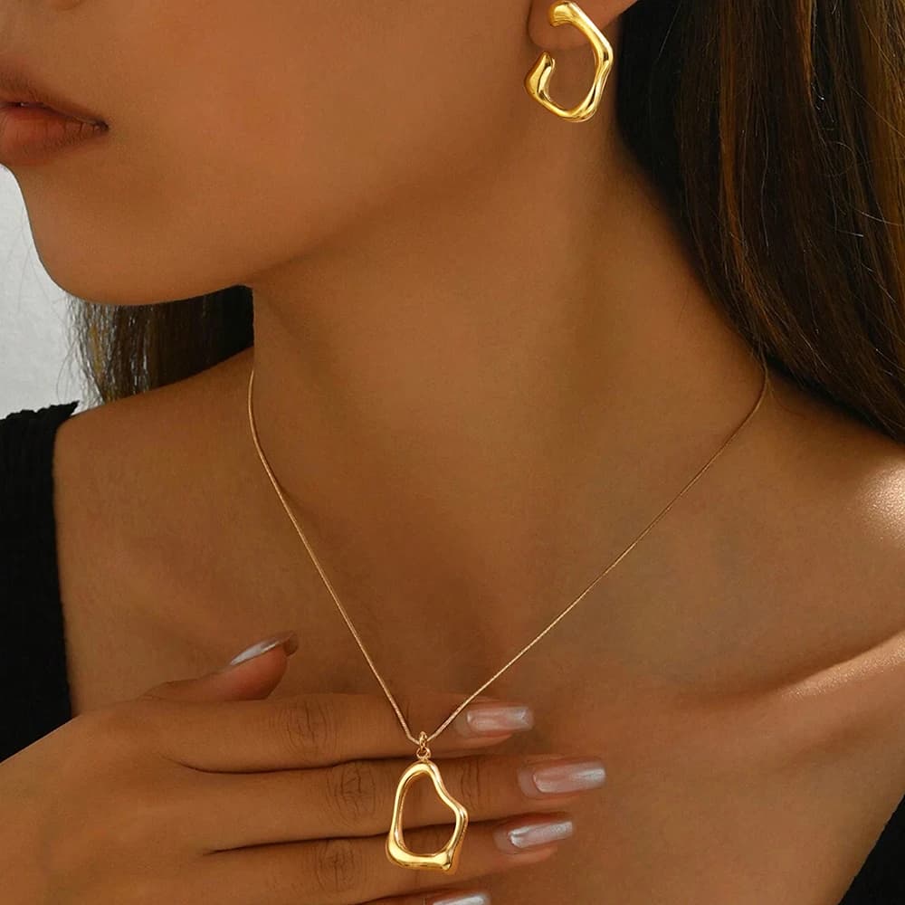 DOTIFI Stainless Steel Minimalist Fashion Retro Irregular Geometric Exaggerated Pendant Necklace Earrings Jewelry Set Female