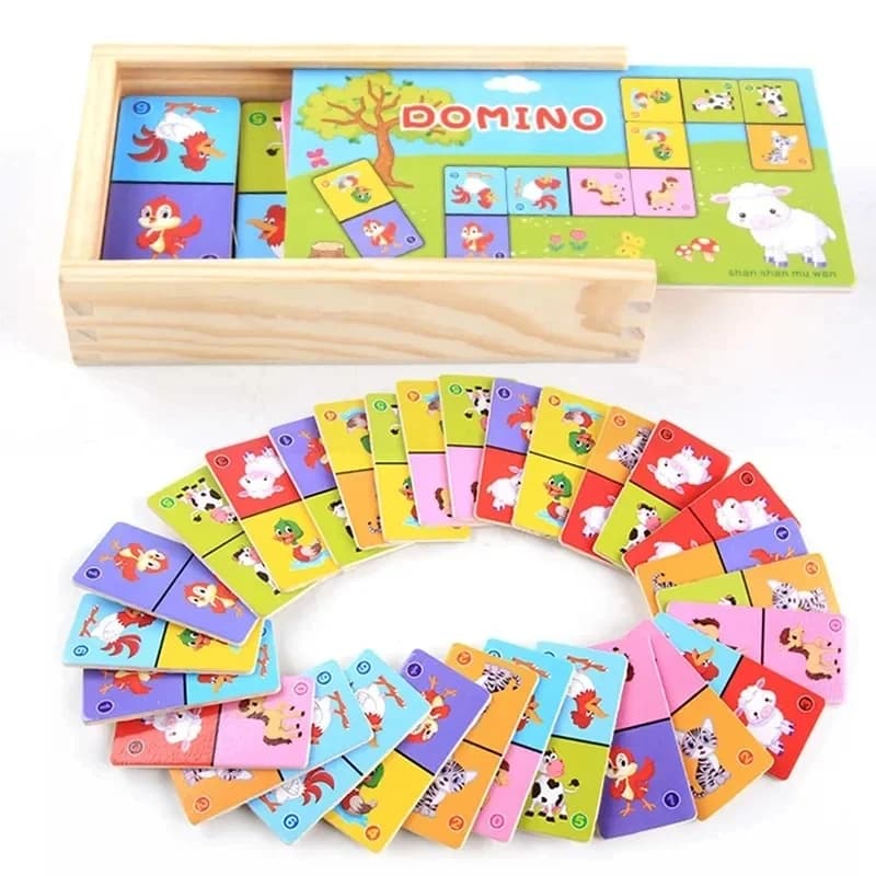 Montessori Wooden Toys Kids Cognitive Solitaire Dominoes Puzzle Animal Color Cognitive Cartoon Jigsaw Board Education