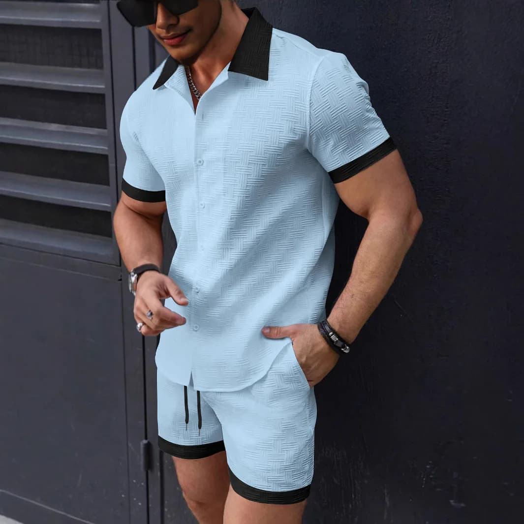 Men's trendy matching outfits, short sleeved linen shirt jacquard and shorts, 2-piece set, casual Hawaiian beach set for men, 2-piece set