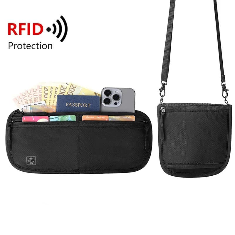 Marsupio da viaggio Cintura per soldi Porta passaporto sottile Blocco RFID Custodia invisibile da viaggio Proteggi carta di credito in contanti Borsa a tracolla