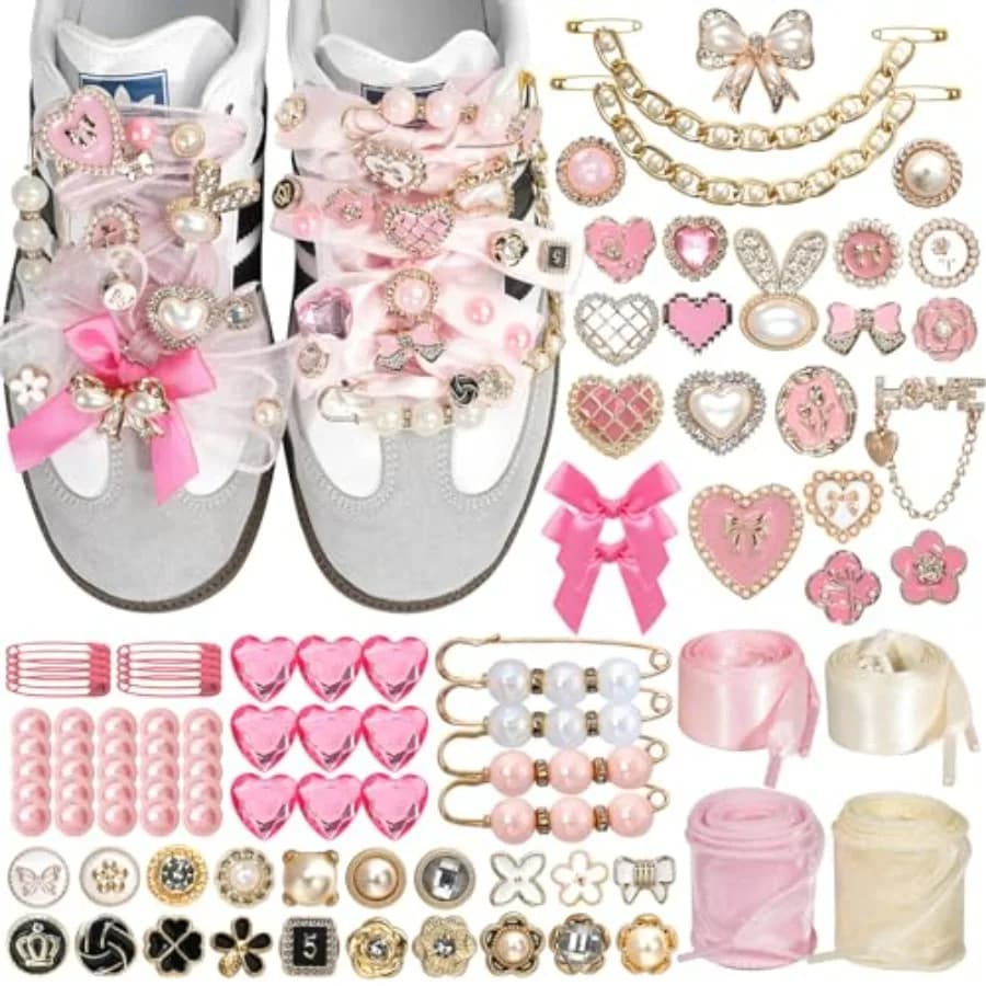 Charm per Sneakers, Kit di Charm per Calzini, 100 Pezzi Charm Rosa per Sneakers da Donna e Ragazze con Lacci in Raso e Pizzo