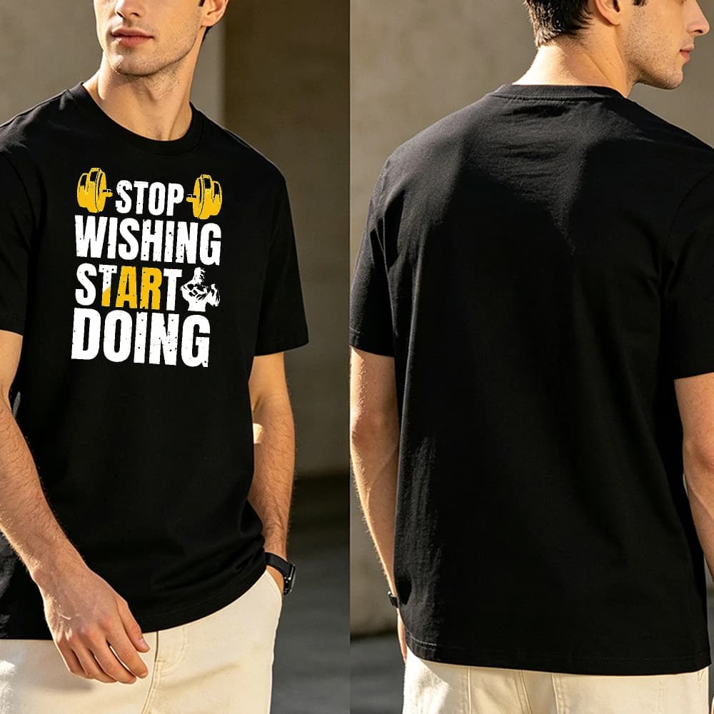 Fitness Motivational Graphic Tee Men Stop Wishing Start Doing Kettlebell Weightlifting Enthusiast Guy Daily Trendy Casual TShirt