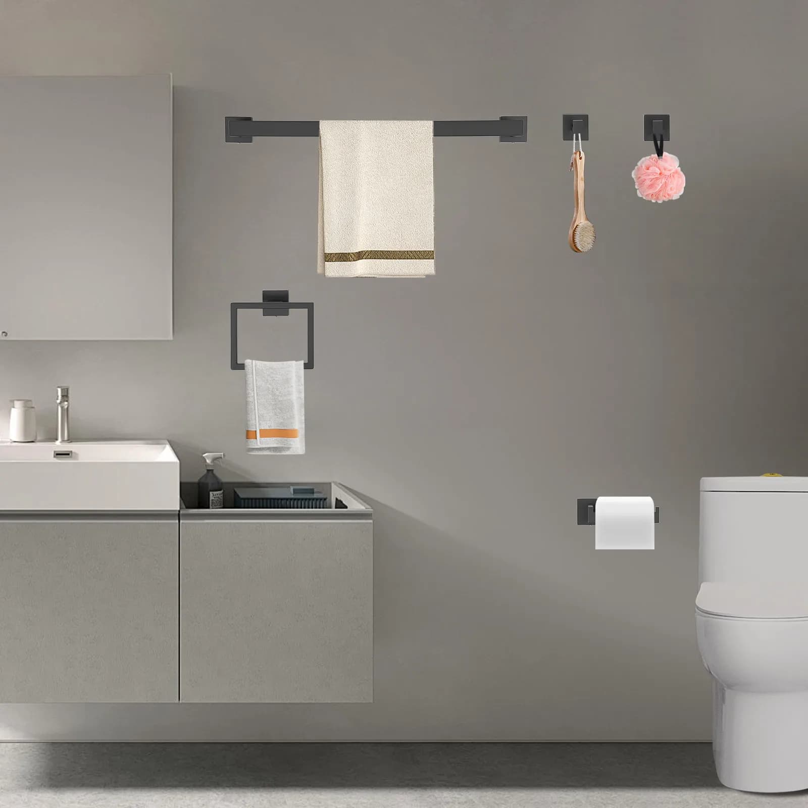 Set di Accessori per Bagno, 20 Pezzi Portasciugamani in Acciaio Inox, Barra Portasciugamani Nera da 60cm Montata a Parete con Ganci