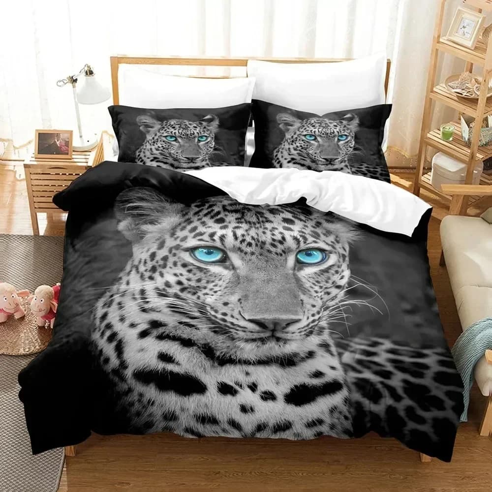 Set Copripiumino Leopardato Nero, Misure Queen King Full Twin, Set Biancheria da Letto Stampata, Copripiumino con Motivi Animali Selvatici in Microfibra