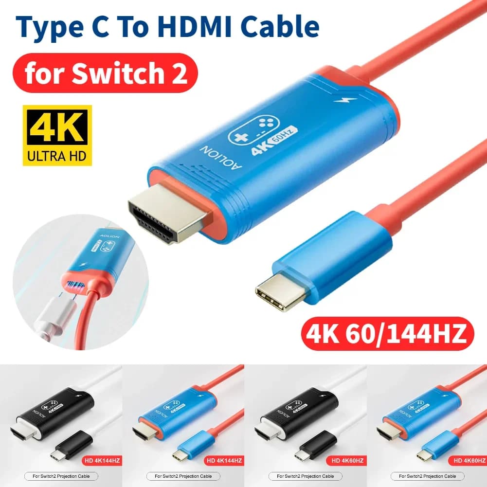 2M 4K 60/144HZ compatible HDMI C-type adapter cable for Switch 2 gaming console, SteamDeck ROG Ally TV docking station