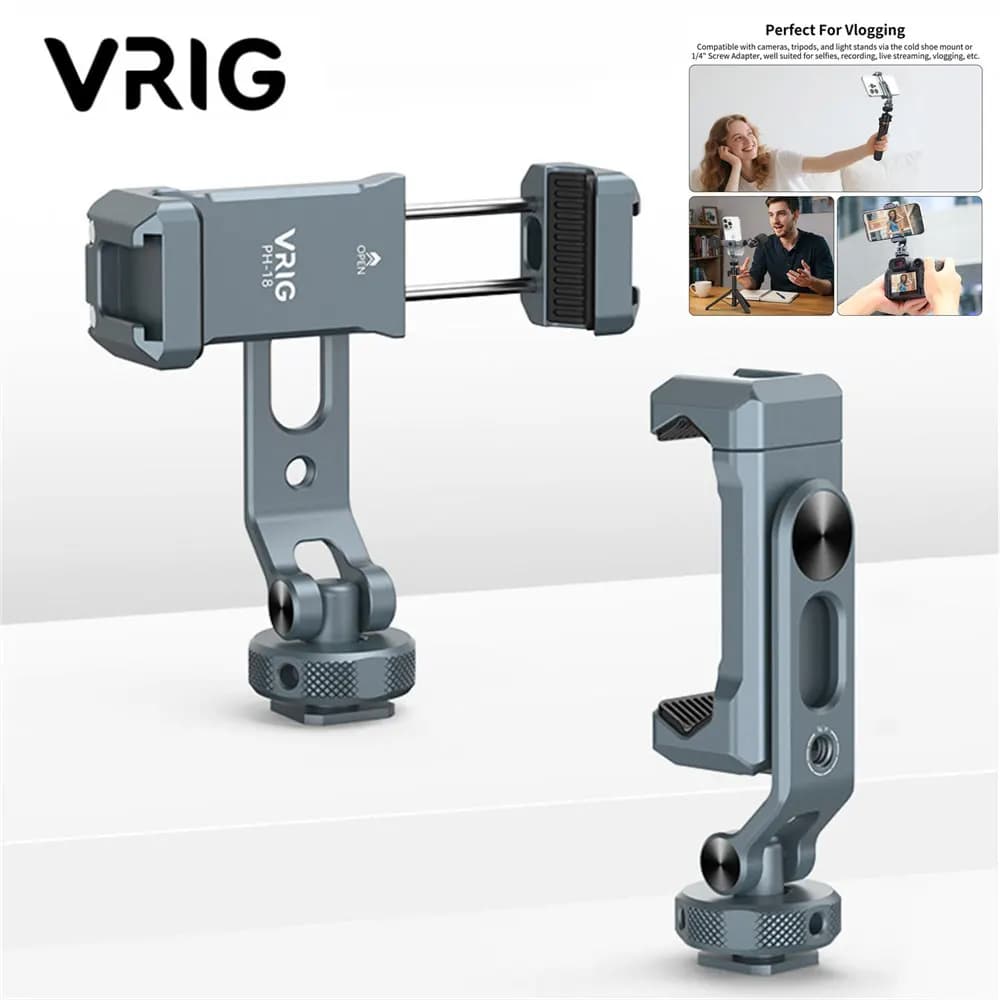 VRIG Hot Shoe Metal Phone Holder Phone Clamp with Dual Cold Shoe & 1/4" for iPhone 17-12 Camera Tripod Mic Light Video Recording