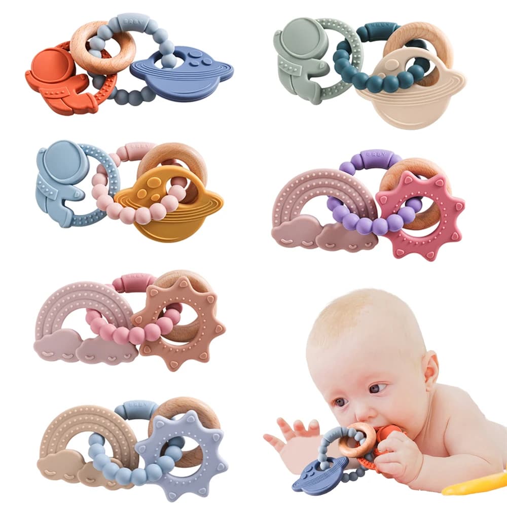 Silicone Space Teething Bracelet for Baby Food Grade Safe Baby Teether Non Toxic Easy Clean Rich Colors Hand Exercise Baby Toys