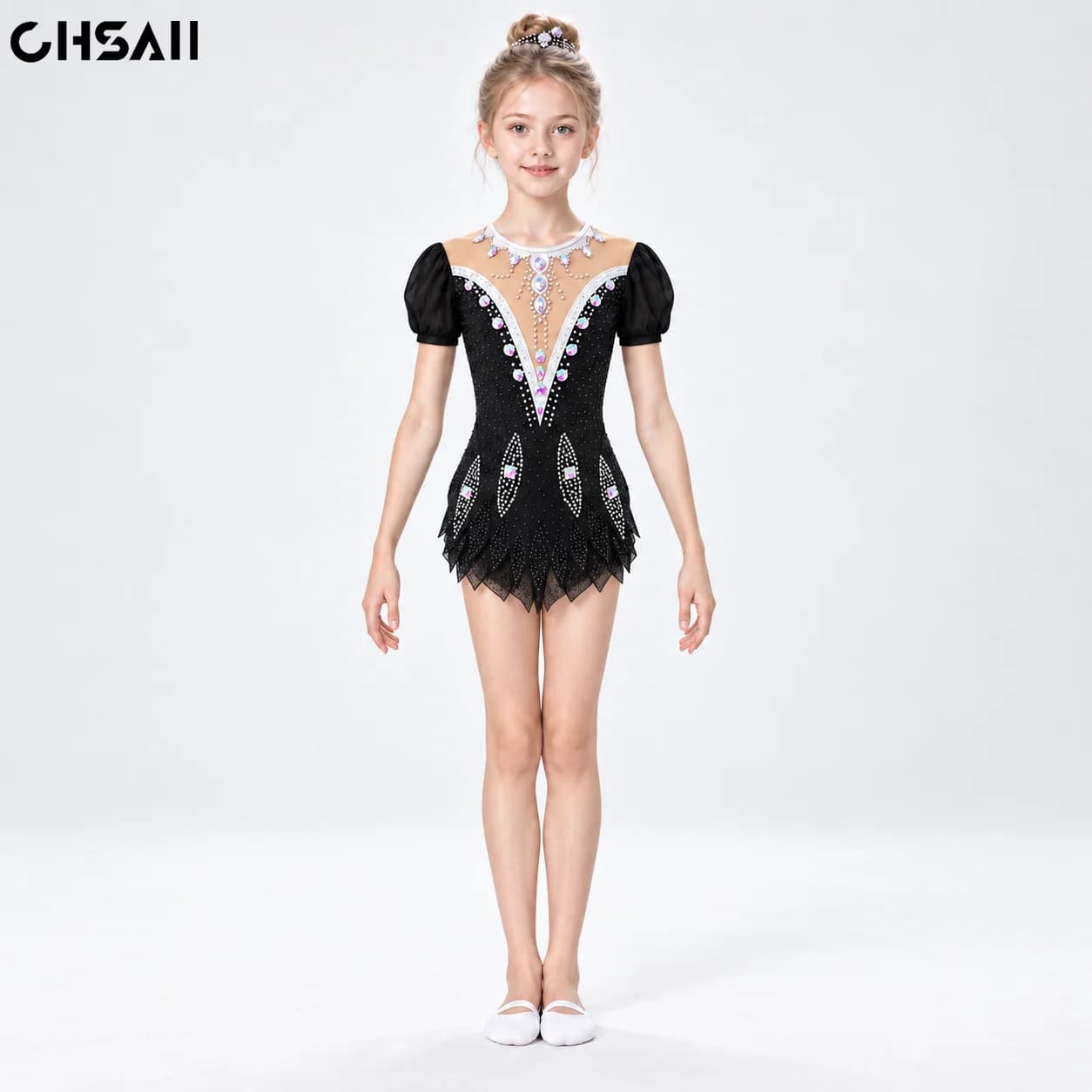 Girls Black Figure Skating Dress Rhinestone Puff Sleeve Nude Mesh Lace Gymnastics Leotard Kids Dance Competition Costumes Outfit