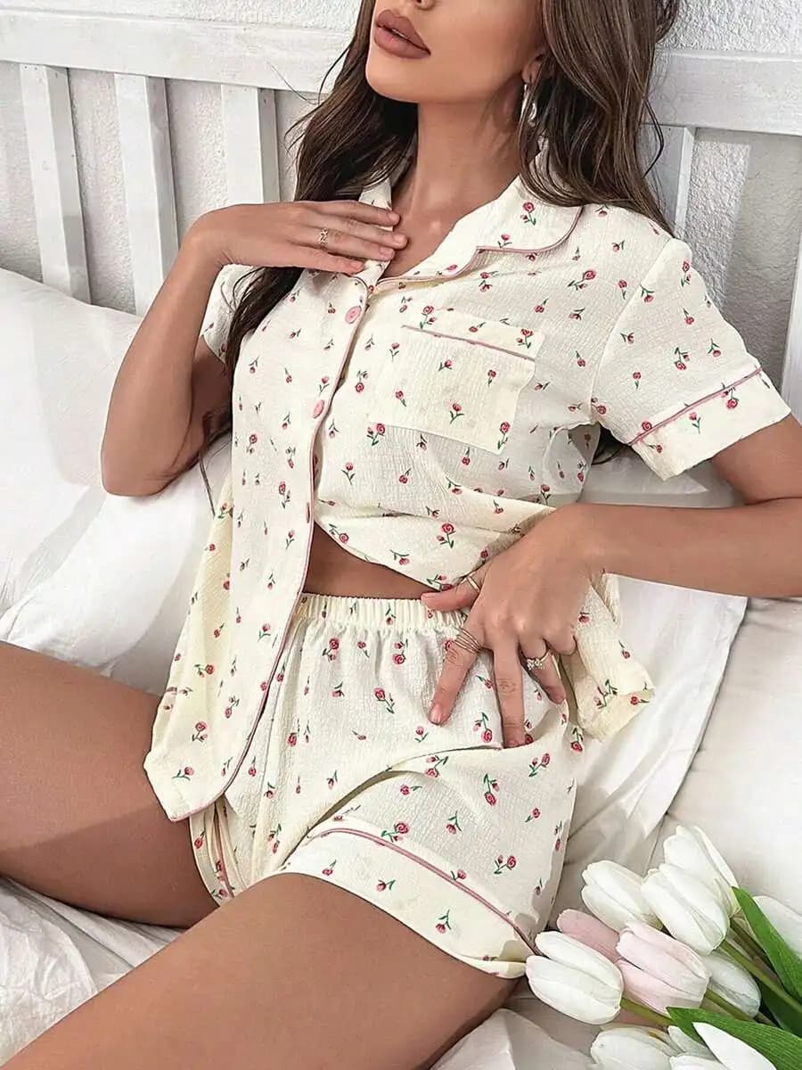 Womens Floral Print Short Sleeve Notched Lapel Sleepwear Set With Elastic Waist Shorts