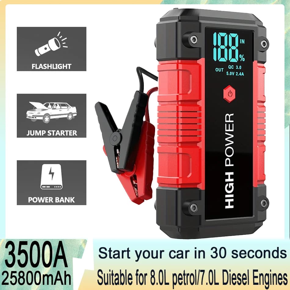 Pacchetto avviamento emergenza Peak Car da 25800 mAh 3500 A per gas fino a 8,0 litri e diesel da 7,0 litri, con display LCD, doppia uscita USB e uscita 12 V CC