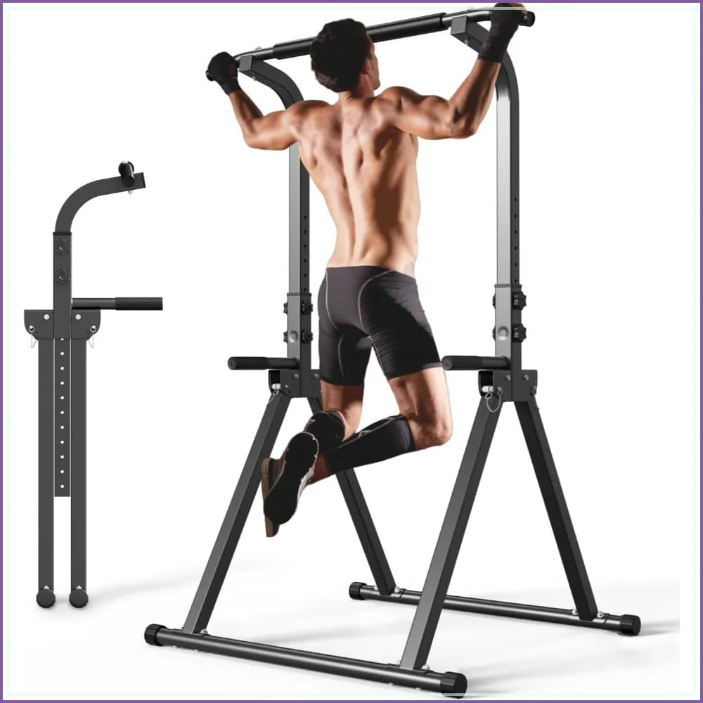 Foldable Pull Up Bar Free Standing Multi-function Power Tower Dip Bar with Bands Home Gym Strength Training