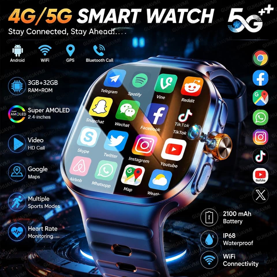 New 5G/4G Full Network Sim Smart Watch With Camera HD Video Call 3GB+32GB RAM Google Store WIFI NFC GPS Map Smartwatch Android