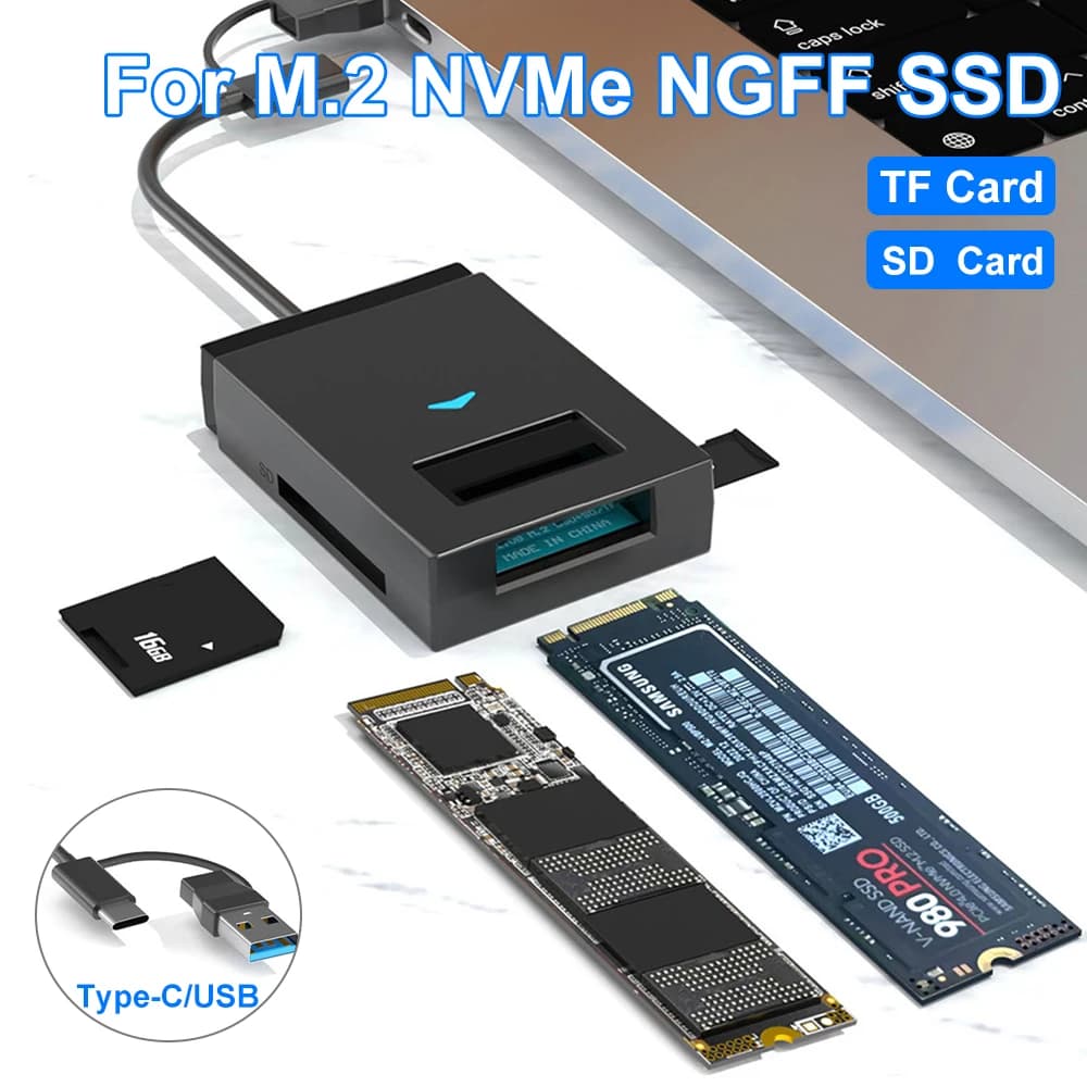 Convertitore adattatore per disco rigido SSD 3-IN-1 da USB3.1 a M.2 NVMe NGFF Custodia esterna da 10 Gbps per lettore di schede SD TF Inserimento diretto