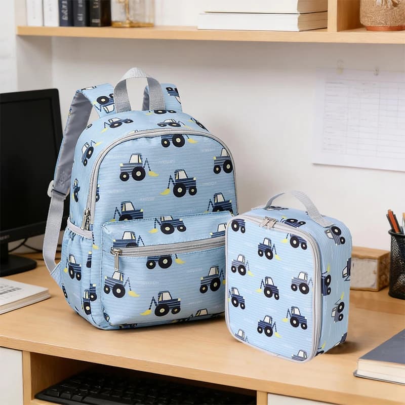 Set di borsa per il pranzo e zaino riutilizzabili con motivo auto, unisex, ideale per il ritorno a scuola, le vacanze, i viaggi, il pendolarismo quotidiano