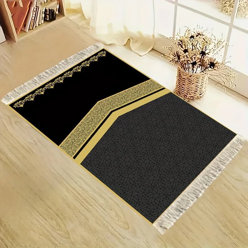 Tappeto da Preghiera VIKAMA Nero e Oro con Design Geometrico a Patchwork, Tappetino Musulmano Antiscivolo Portatile per Camera da Letto e Soggiorno