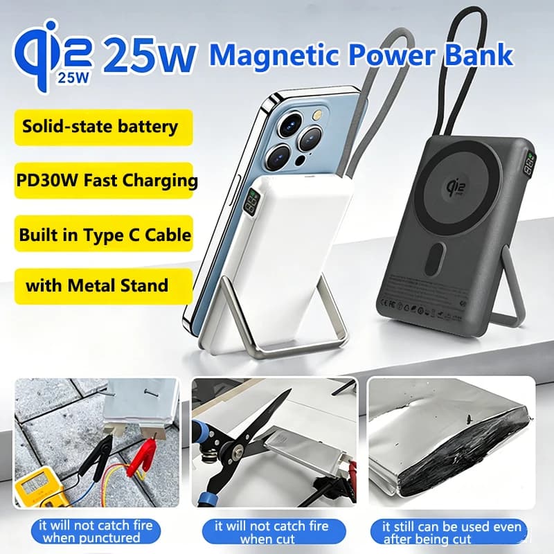 Semi-solid Battery Power Bank Qi2.2 25W Magnetic Wireless Fast Charger for iPhone 17 iWatch Macbook Powerbank with Cable Stand