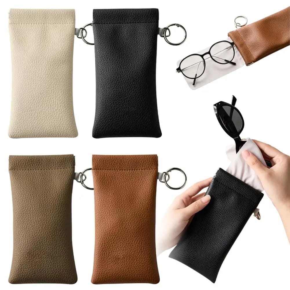 PU Leather Sunglasses Pouch Squeeze Top Spring Closure Eyeglasses Bag with Cleaning Cloth & Keyring Portable Glasses Case