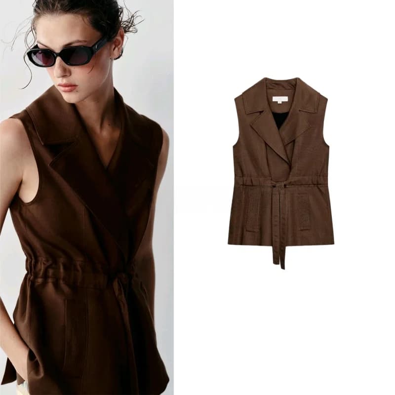 Summer New Women's Vest Belted Sleeveless Flip-Cover Collar Pocked Split Hem 7785759 Fashionable Short Polyester Outerwear