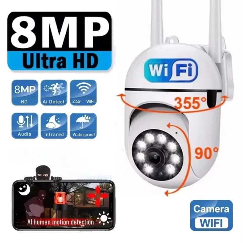 Telecamera di sicurezza WiFi da 8 MP Sorveglianza domestica 2.4G con visione notturna PTZ IR Rilevazione movimento Monitoraggio bambini 2 antenne