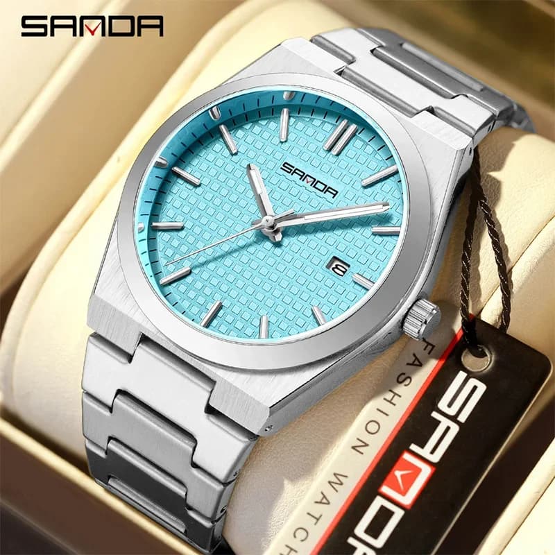 SANDA Top Business Man Orologio Luminoso Impermeabile Argento Cinturino in acciaio inossidabile da uomo Quadrante grande Data Orologio da uomo casual alla moda al quarzo