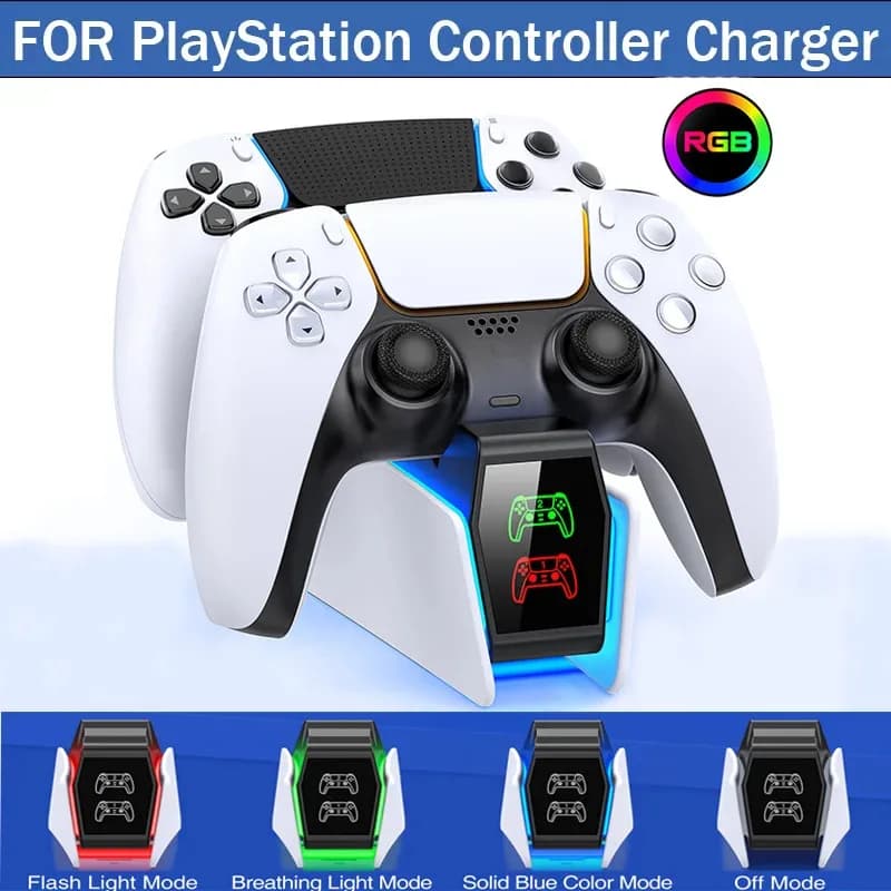 Stazione di Ricarica RGB per Due Controller PS5 con Indicatore e Design Antiscivolo