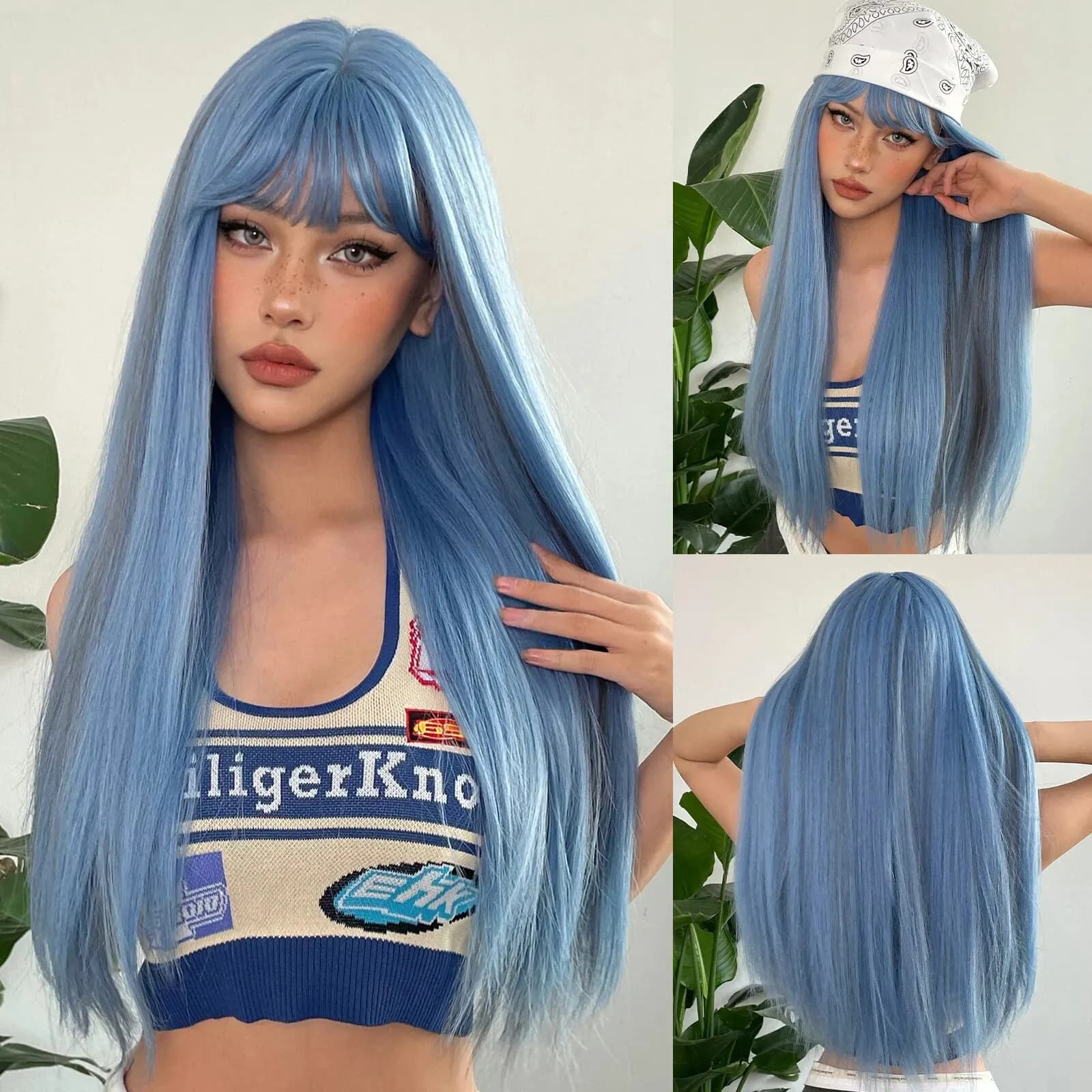 Blu con grigio evidenziare parrucche sintetiche lunghe dritte con frangia parrucca per capelli Cosplay per le donne resistenti al calore naturali quotidiane