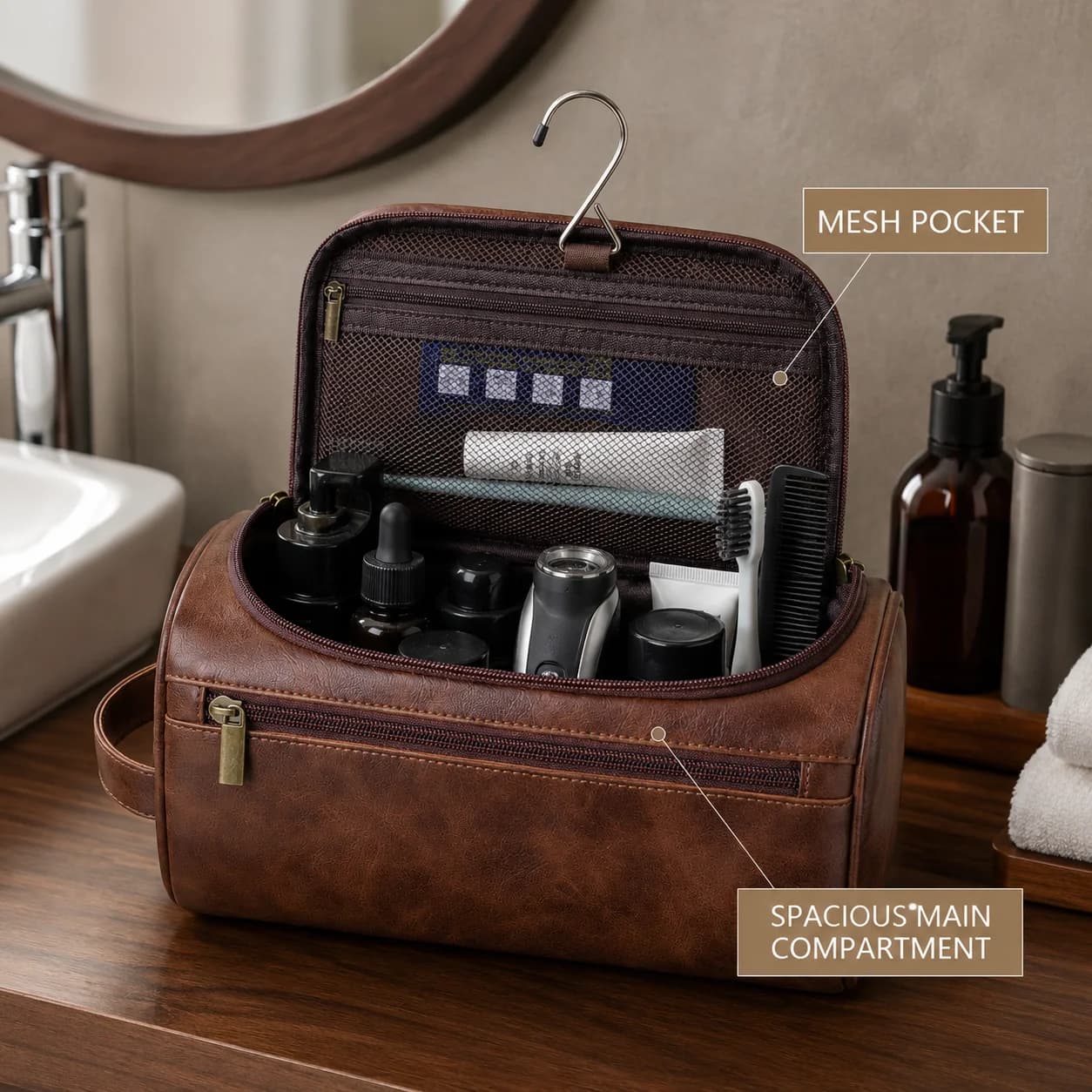 Mens Large Hanging Toiletry Bag Vintage Brown PU Leather Water Resistant Travel Organizer For Grooming Cosmetics Business Gift