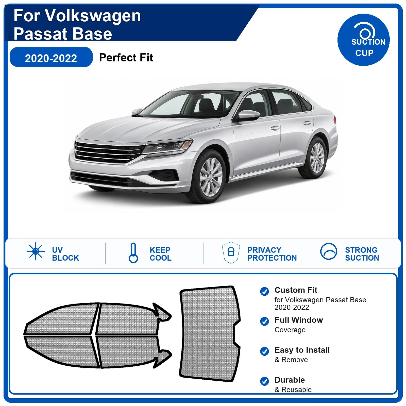 For Volkswagen Passat Base 2020-2022 Custom Full Set Windshield Sun Shade Aluminum Foil Heat Insulation Anti UV Foldable