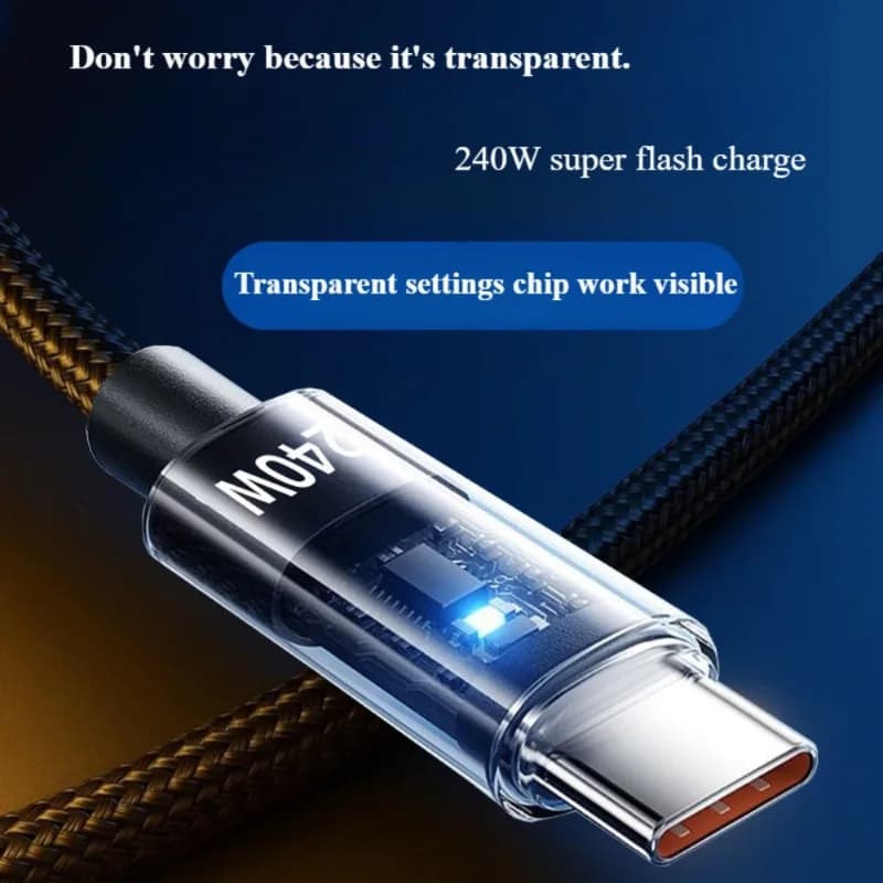 Cavo di ricarica rapida USB Type C da 240 W trasparente + cavo dati con indicatore luminoso 0,25 m/1 m/1,5 m/2 m per Samsung Xiaomi