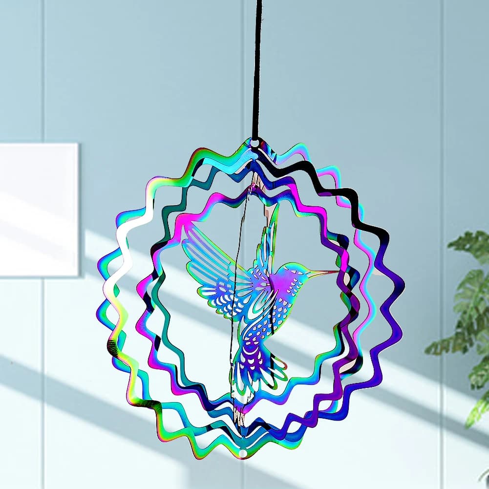 3D Colorful Rotating Wind Spinner Hummingbird Flowing Wind Chimes Yard Garden Hanging Decor Wind Catcher Pendant Bird Deterrent