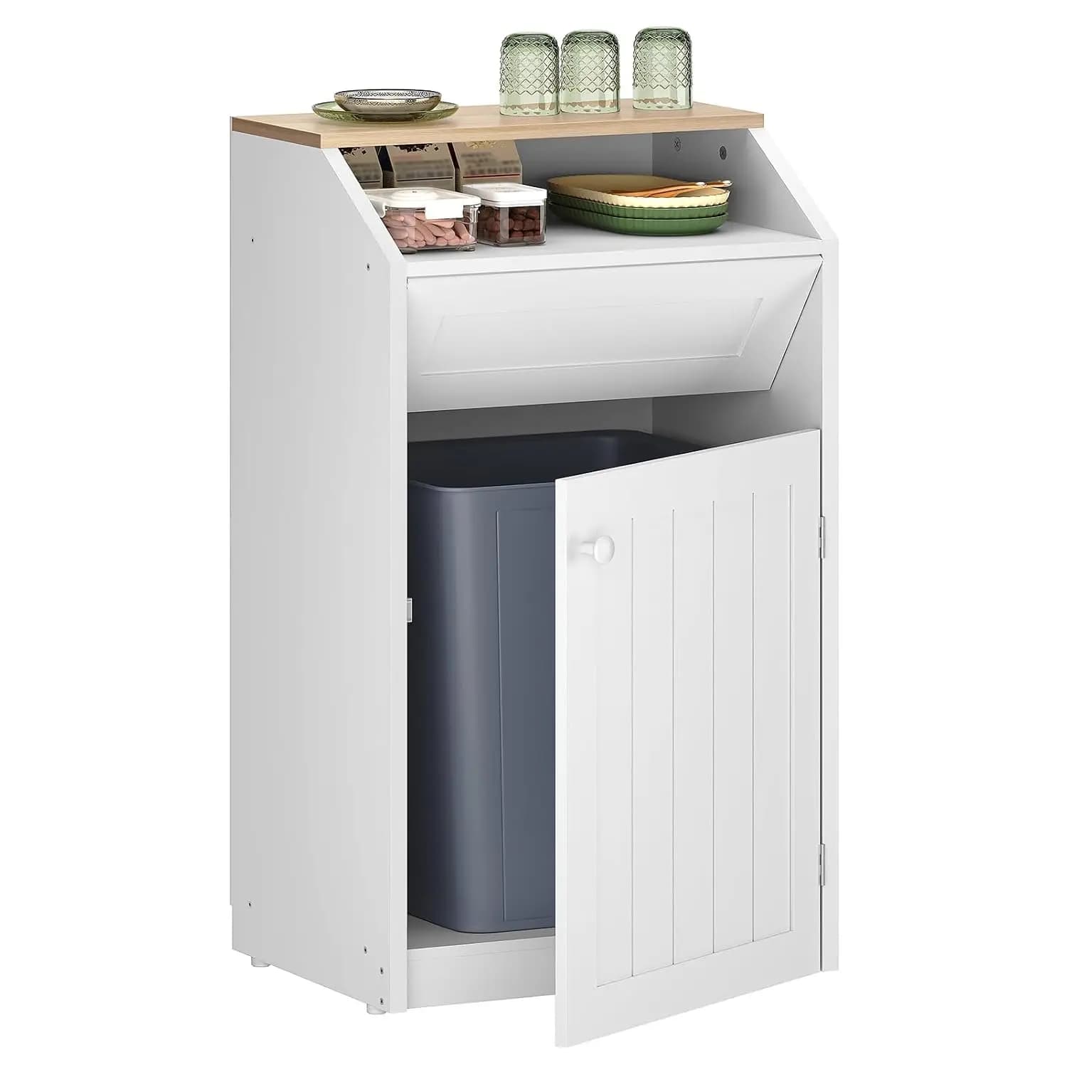 Freestanding Trash Cabinet, 10 Gallon Hidden Kitchen Garbage Can with Flip Door, Wooden Recycling Bin for Kitchen, Living Room, White