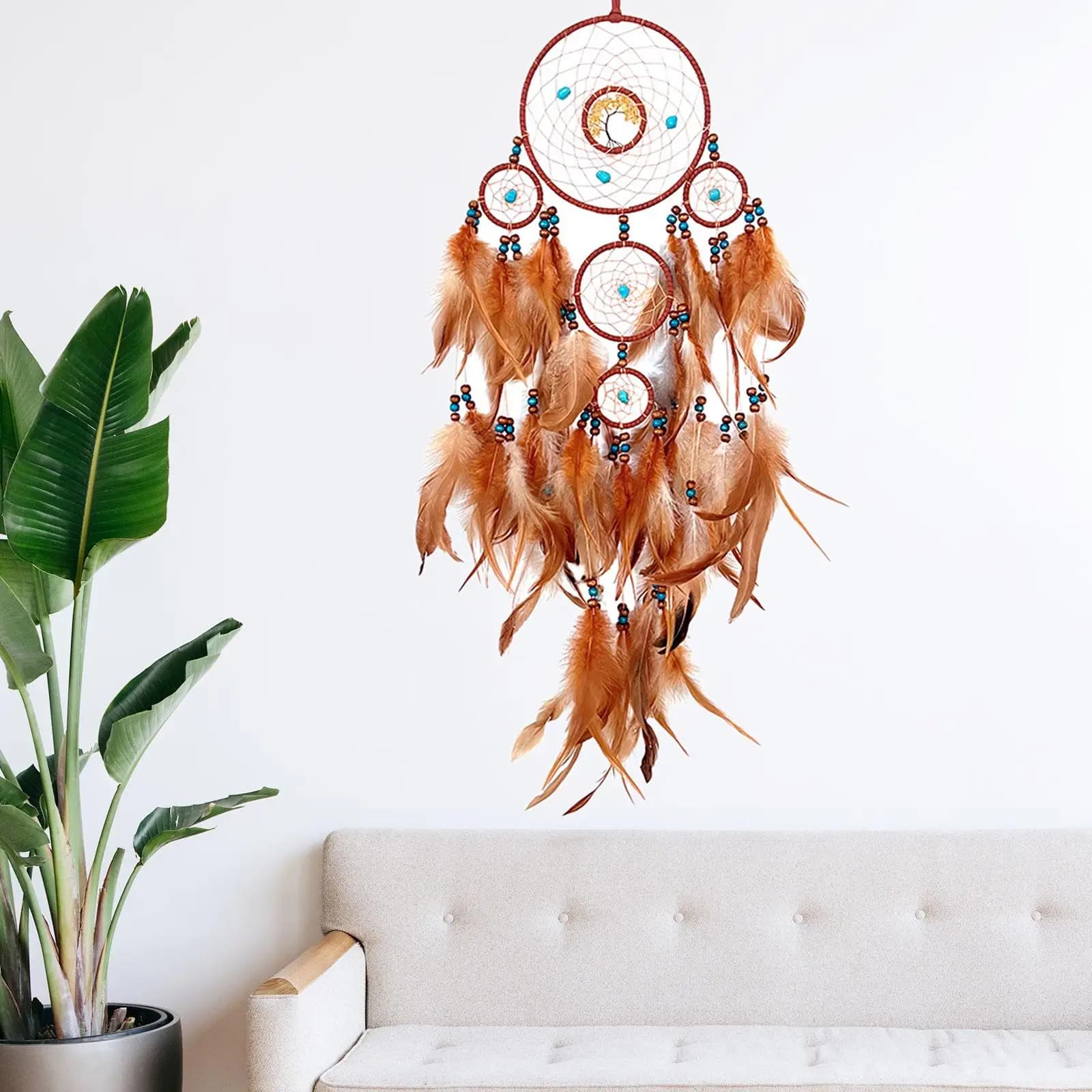 Handmade Boho Dreamcatcher Wall Decoration Brown Feather Circular Net for Bedroom Festival Party