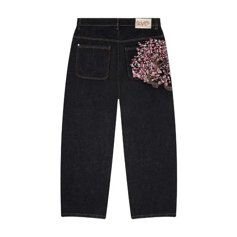 Jeans Y2K Harajuku Vintage con Ricamo a Fiori di Prugna, Stile Goth, Gamba Dritta, in PVC, Pantaloni Casual Unisex per Moda Invernale