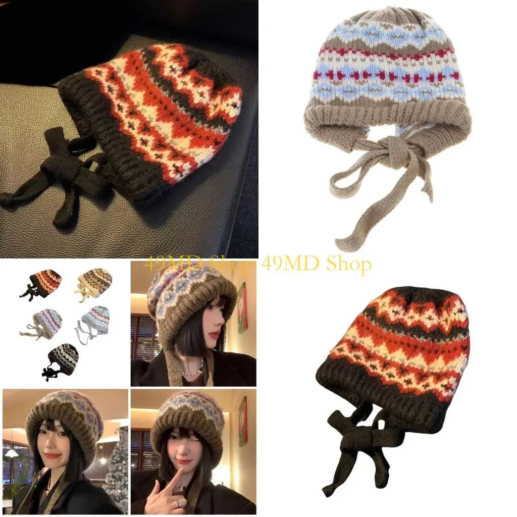 49MD Cappello senza lavorato a maglia con coulisse Cappello con teschio a strisce etnico Cappello con paraorecchie da donna